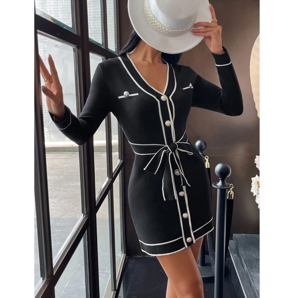 Black Knit Belted Dress Long Sleeve, Button Through Contrast White Piping Trim - Picture 6 of 11